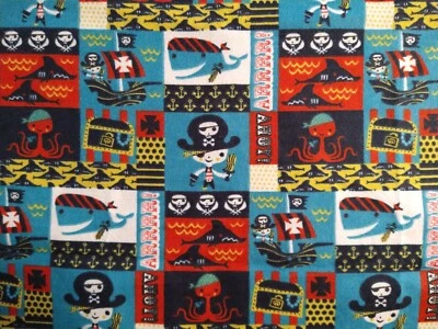 Snuggle Cotton Flannel Fabric Pirate Ocean Treasure Adventure New 26" x 42" - Image 1 of 3
