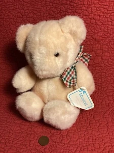 7.5" vtg Eden peach Bear musical "Teddy Bear's Picnic plush stuffed plaid bow - Picture 1 of 7