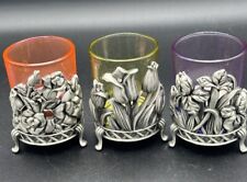 Vintage Pewter Votive Candle Holders Rhinestones Set Of 3 Spring Flowers  Pretty