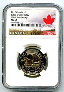 2017 CANADA $2 NGC MS67 BATTLE OF VIMY RIDGE 100TH ANNIVERSARY HIGH GRADE TOONIE - Picture 1 of 2