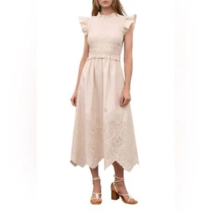 Moon River Ruffled Smocked Eyelet Midi Dress in Cream NWT Women SIZE OS - Picture 1 of 10
