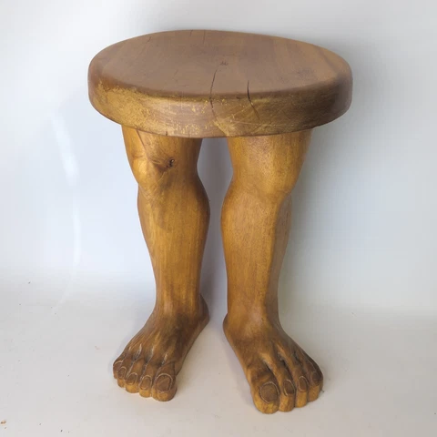 Vtg Hand Carved Solid Wood Foot Stool Folk Art Human Legs Toes Figural Seat Cover
