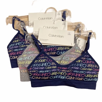 Nuevo con etiquetas Calvin Klein Azul Marino y Gris Logo Conjunto de 3 Sujetadores de Entrenamiento Bralette Talla 6/6X Foto 1 de 4