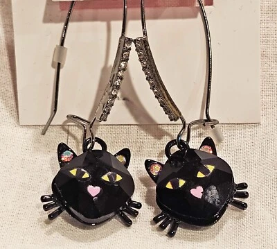 Betsey Johnson Black Cat Drop Earrings Crystal Accents NWT - Image 1 of 3