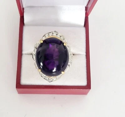 Anillo de cóctel vintage de oro amarillo sólido de 18 quilates natural con mito de cabujón y diamante  Foto 1 de 4