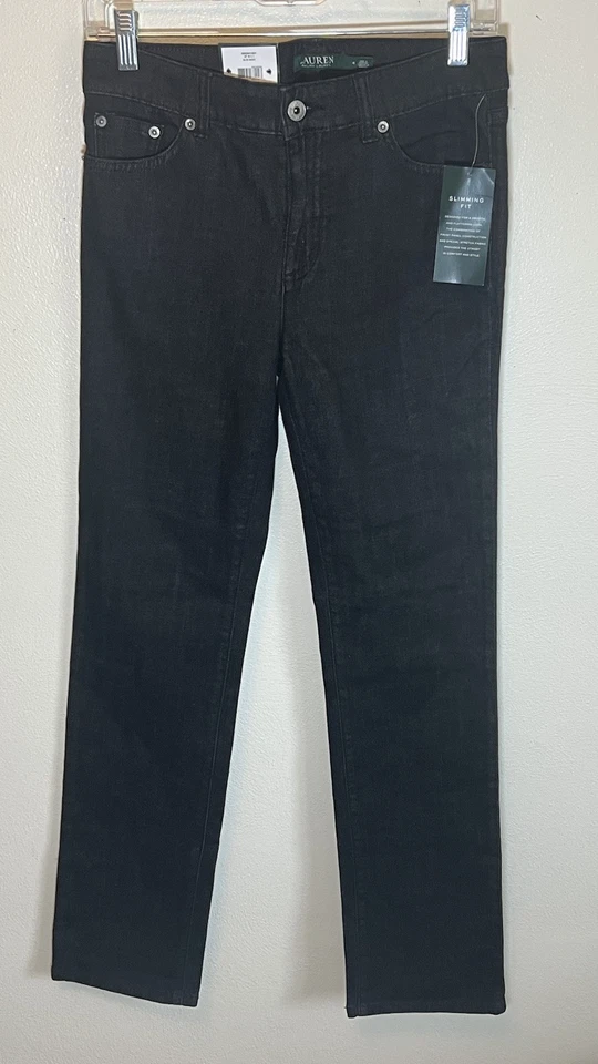 NWTLauren Ralph Lauren Heritage 牛仔牛仔裤女式 4 码 Premier 直筒黑色 — 第 1/4 张图片