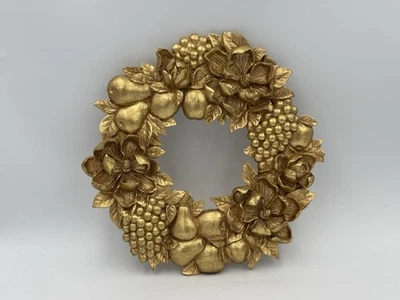 Vintage 1996 Gold Toned Resin Magnolia Wreath: Fruit & Floral Wall Decor - Image 1 of 4