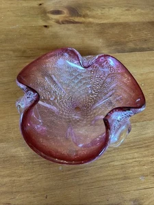 Vintage Murano Art Glass Italy Pink Ruffled Dish Silver & Gold Flecked 8-9” Dia. - Picture 1 of 10