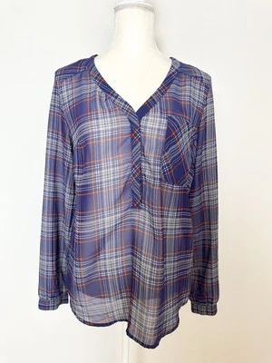 Merona Womens Blouse Size M Blue Red Plaid Sheer V Neck Pocket Long Sleeves - Image 1 of 4