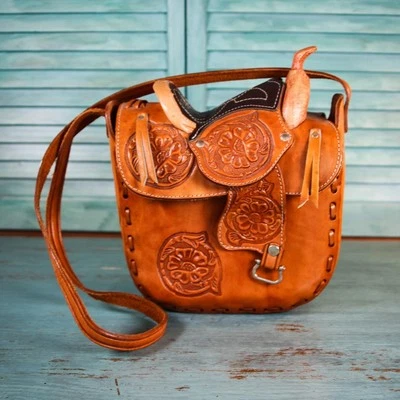 Bolso de Hombro Cartera Vintage Tooled Floral Cuero Coñac Sillín Occidental México Foto 1 de 4