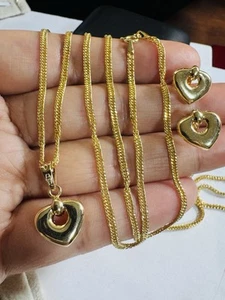 Pure Solid 18K 750 Gold Love Heart Earring Necklace 17.5”/18” Inch 6.6g 2mm - Picture 1 of 24