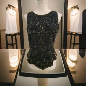 Blusa JKara New York Top Con Cuentas Bronce Negra Talla M Sin Mangas Festoneada Fiesta - Imagen 1 de 12
