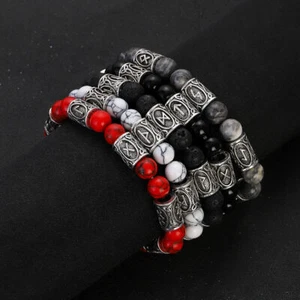 Engraved Vintage Men Mjolnir Hammer Nordic Runes Bracelet 8mm Stone Bracelets - Picture 1 of 33
