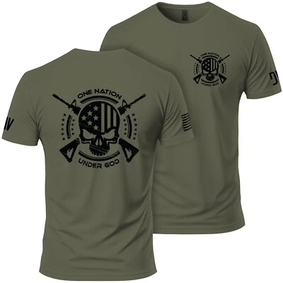 One Nation Under God T-Shirt Tactical Skull Crossed Rifles USA Patriotic Tee - Image 1 of 4