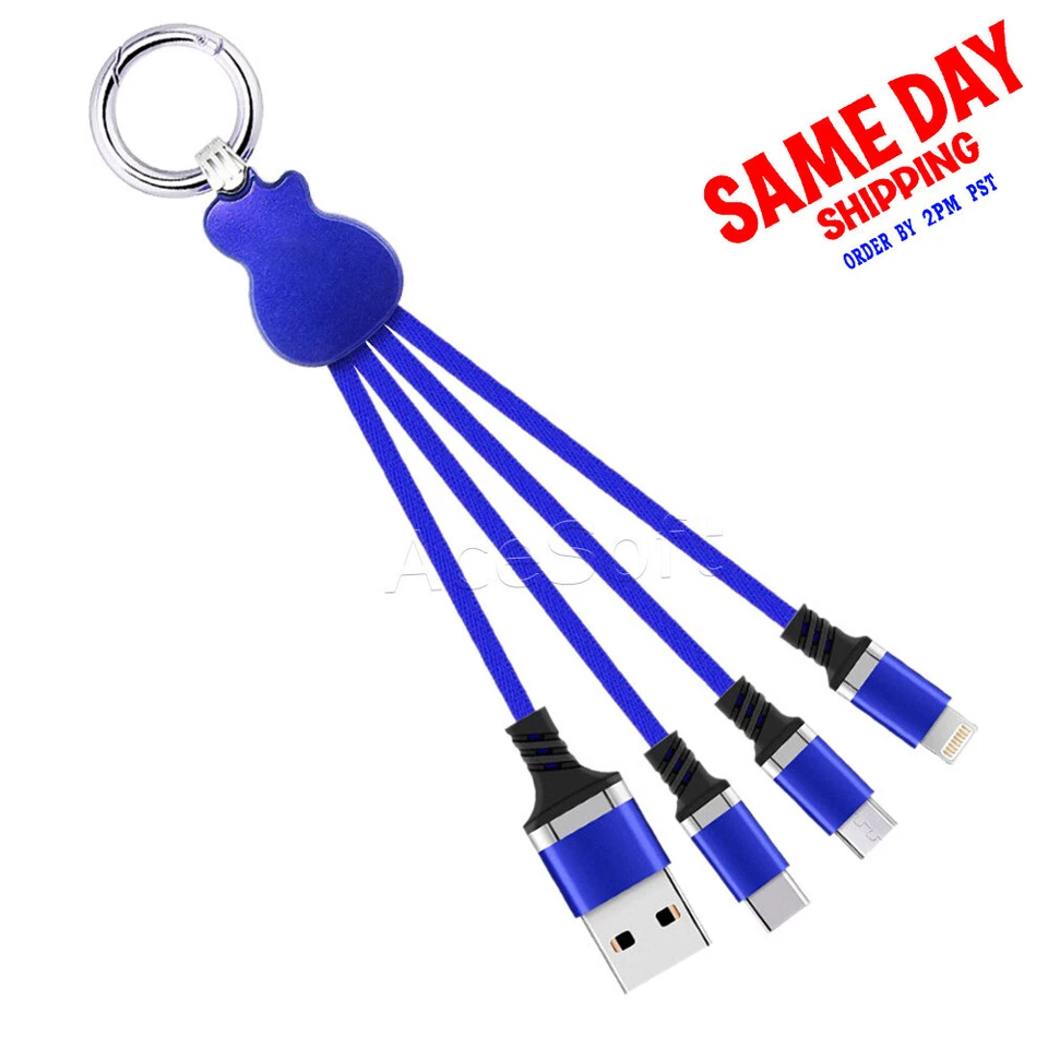 3in1 Micro Type-C 8Pin Key Ring Portable Charging Sync Cord For Apple Samsung LG - Image 1 of 1