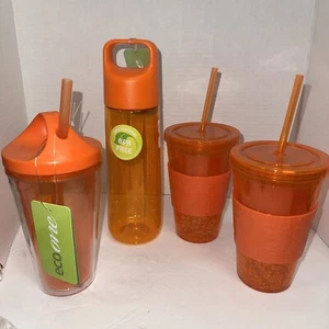 4 Brand New Plastic Orange Drinking Beverage Cups Tumblers  Lids Drinks Coffee - Picture 1 of 1