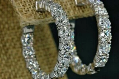 2.30Ct Lab Created Diamond Inside Out Hoop Earrings 14K White Solid Gold Finish - Image 1 of 3