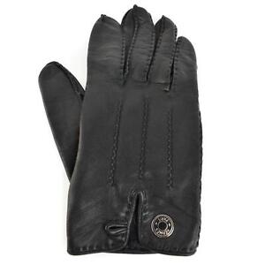 HERMES: Black, Lambskin Leather & Silver Coin Logo Golf/Driving Glove Sz: 7