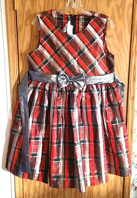 Bonnie Jean size 20.5 dress plaid Christmas Dress silver bow black red shiny New - Image 1 of 4