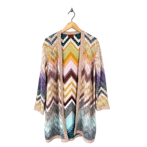 Missoni Multicoloured Zig Zag Chevron Pure Wool Long Cardigan - Size 14 IT 46 - Picture 1 of 14