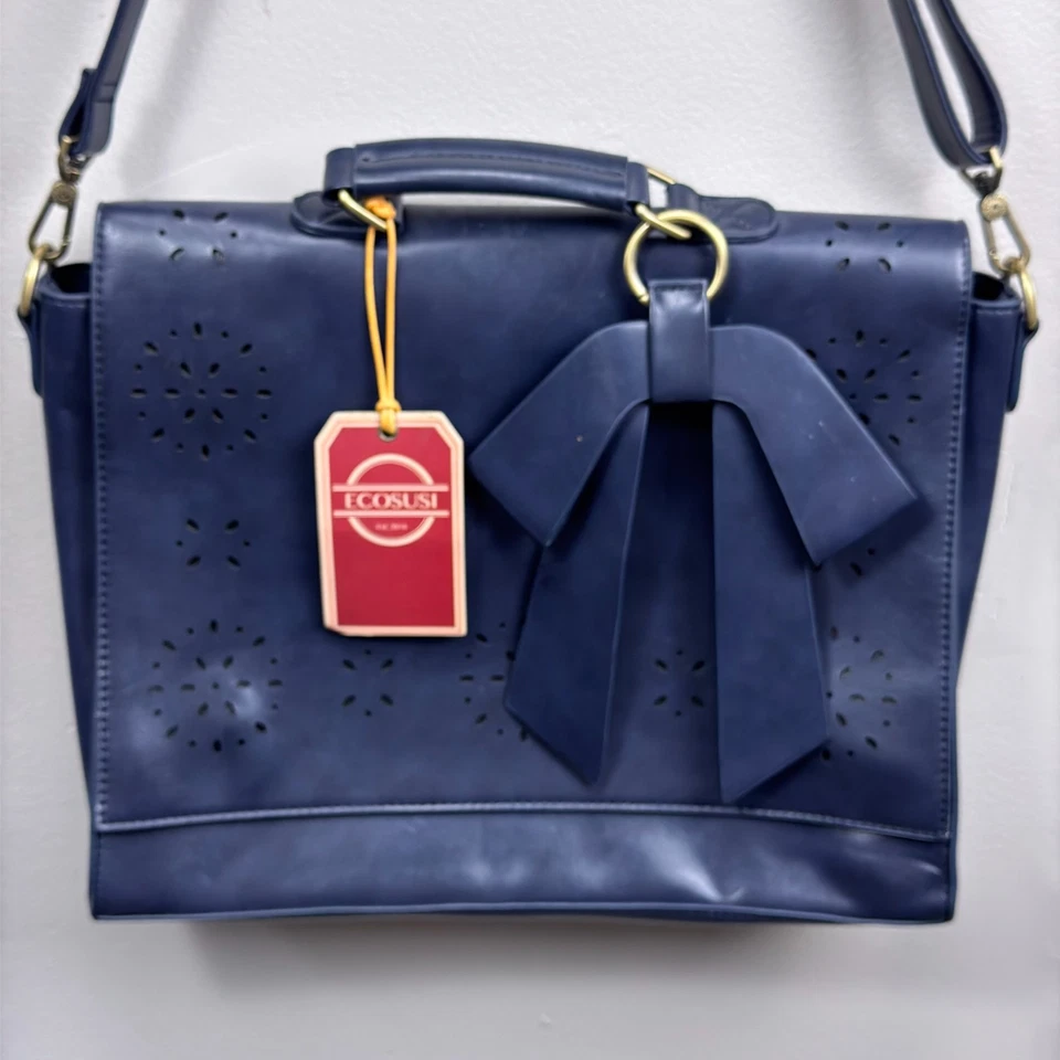 Ecosusi Womens Leather Laptop Tote Bag Navy Bow Academia Ivy League Editorial - Image 1 of 4