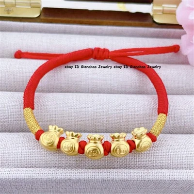 Pure 999 24K Yellow Gold Bangle Women 3D Wealth Fu Bag Bracelet 1-1.2g  Adjust - Image 1 of 4