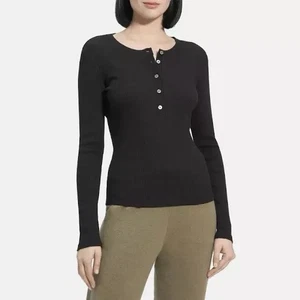 Theory Black Long Sleeve Ribbed Button Up Henley Top. Sz L. NWT! - Picture 1 of 17