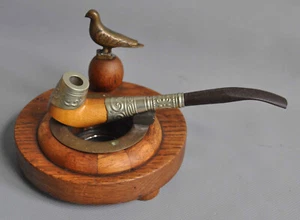 alte Pfeife Tabakpfeife mit Aschenbecher Holz Messing Taube Glas Vintage - Bild 1 von 5