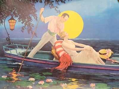 Antiguo póster impreso litográfico Art Deco Moonlight Lovers años 20 glamour pinup Foto 1 de 4