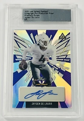 Jayden De Laura 2022 Leaf Valiant Football Purple Prismatic 1/1 Slab  - Image 1 of 2