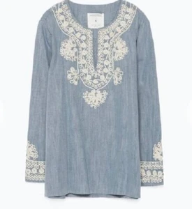 Ladies Zara Premium Denim Chambray Blouse Top Indian boho Embroidery size S - Imagen 1 de 7