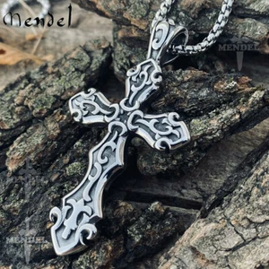 MENDEL Mens Big Large Stainless Steel Gothic Cross Pendant Necklace For Men Boys - Picture 1 of 5