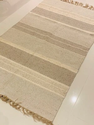 Natural Cream Stone Grey Striped Recycled Cotton Rich Jute Washable Rugs Runner - Image 1 of 4