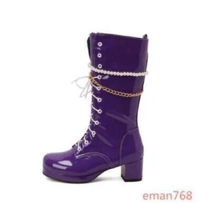 Candy Color Women's Mid Calf Boots Block Heels Shiny Faux Leather Casual Shoes - Picture 1 of 16