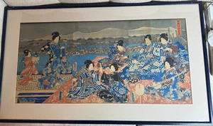 Utagawa Kunisada (1786 - 1865) Triptych "Samurai In A Garden" Woodblock - Framed - Picture 1 of 18