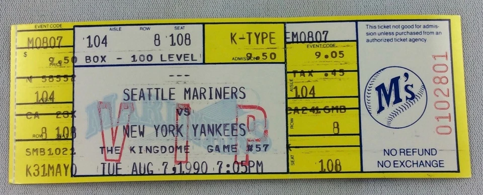 MLB 1990 08/07 New York Yankees at Seattle Mariners Full Ticket-Kevin Maas HR - Image 1 of 1