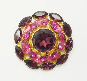 Fantastic vintage magenta and purple crystals large round brooch pin - Picture 1 of 3