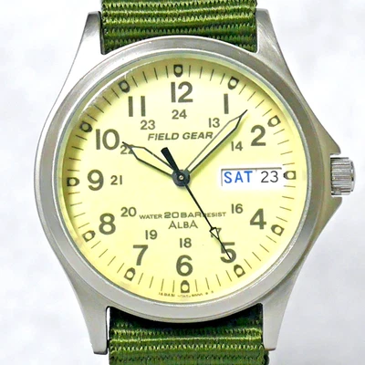 SEIKO ALBA FIELD GEAR Military Watch V743 1993 Full Luminous Green DayDate Japan - Image 1 of 4
