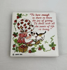 Vintage Jasco 1981 Strawberry Girl Ceramic Tile Coaster Wall Art Decor 4 1/4in - Picture 1 of 9