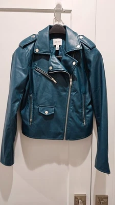 Chaqueta de moto Nine West de cuero sintético bolsillos con cremallera y puño XS verde azulado nueva con etiquetas Foto 1 de 4