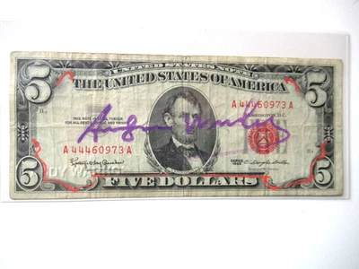A. WARHOL: 5$ echte Dollarnote  in Farbe Flieder Original SIGNIERT VON WARHOL - Bild 1 von 4