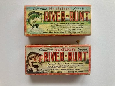 Two Old Empty Heddon River Runt Boxes - Image 1 of 3