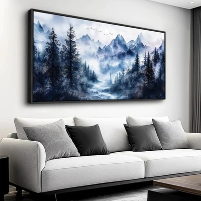 Arte de pared en lienzo con marco negro pintura de niebla de bosque 20x40 para sala de estar dormitorio Foto 1 de 4