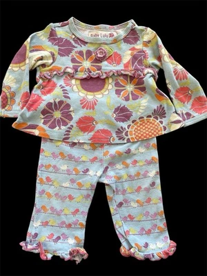 Baby Lulu Blue/Purple/Orange Floral Birds 100% Cotton Knit Top & Leggings-12Mos - Image 1 of 4