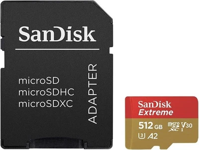 Sandisk Extreme 512GB micro SD XC Memory Card U3 V30 UHS-I  A2 with Adapter - Image 1 of 4