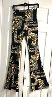 NWT Fashion Nova Black & Gold Slinky Knit Bell Bottom Palazzo Pants~34" inseam~S - Image 1 of 4