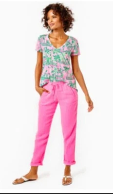 Lilly Pulitzer Neon Pink 100% Linen Straight Leg Taron Pants Large - Image 1 of 4