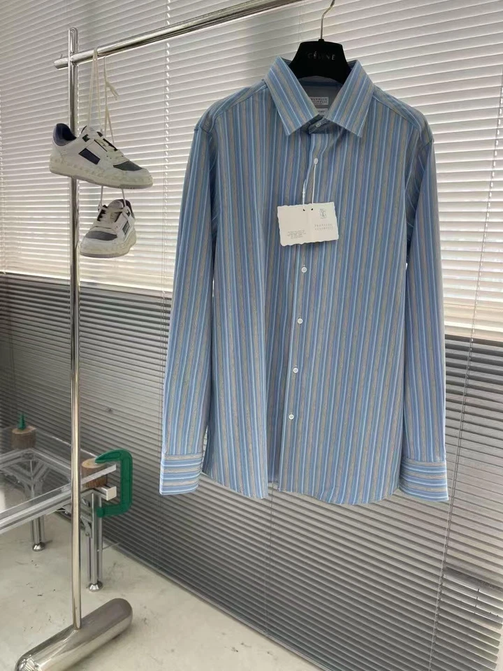 Camisa Brunello Cucinelli Para Hombre Informal Rayas Verticales Manga Larga Azul Foto 1 de 4