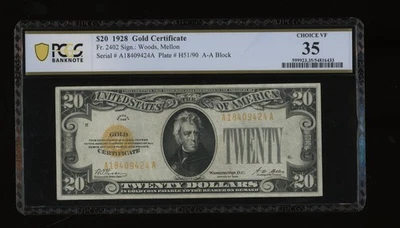 DBR 1928 $20 Gold Certificate Fr. 2402 PCGS-B 35 Serial A18409424A - Image 1 of 2