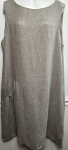 FLAX Tank Dress M Linen Loose Fit Lagenlook Midi Woven Beige Front Pocket - Picture 1 of 9